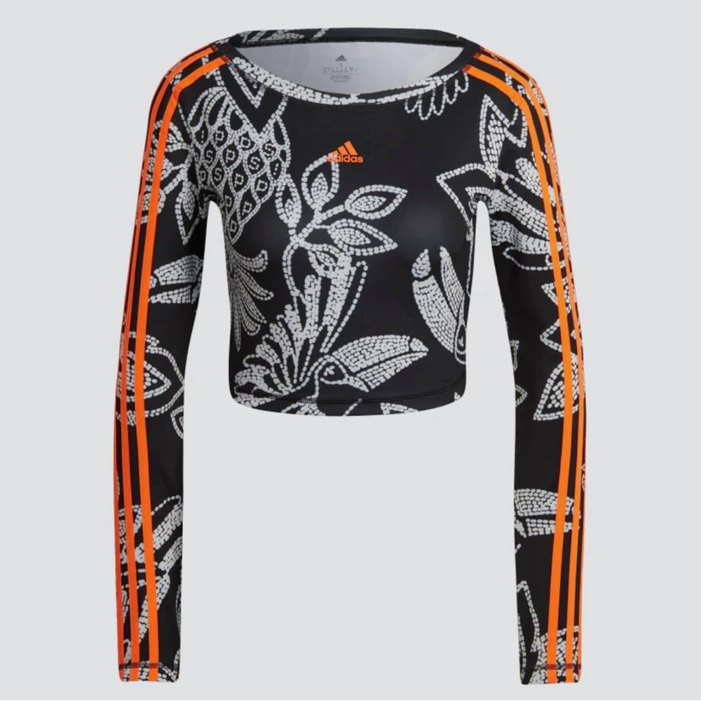 Adidas Women's Black and Orange Patterned Crop Top